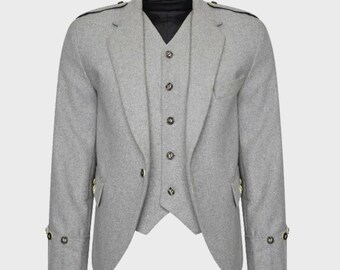 Veste kilt à losanges pour hommes avec gilet/gilet Veste de mariage 100 % laine pour hommes gris clair | Tour de poitrine de 34 à 54 pouces