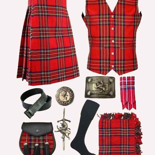 Men's Scottish 10 pieces Royal Stewart kilt set Men's Wedding kilt outfit & Dress Traditional Kilt Set Highland kilt vest for men
