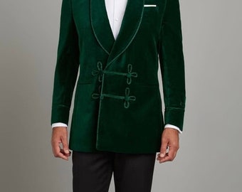 Veste mode matelassée en velours pour hommes, veste verte avec boutons grenouille, veste fumeur sur mesure, vestes en velours de mariage pour hommes