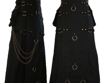 Kilt utilitaire noir pour hommes Kilts utilitaires en coton longs faits à la main noir - Kilt gothique steampunk écossais pour hommes avec chaîne