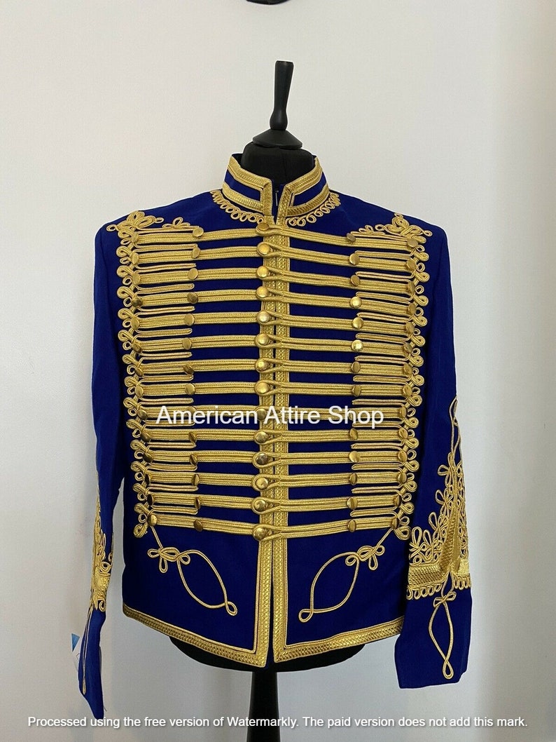 Veste hussard bleu Uniforme militaire hommes Vestes hussards napoléoniennes Tunique passepoil Pelisse Jimi Hendrix Veste Batteur Hussard pour hommes image 1