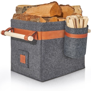 OAKAGE® Log Basket for Firewood Large with Matchbox [Integrated metal frame for added stability] Firewood Basket Fireplace Basket Felt Basket