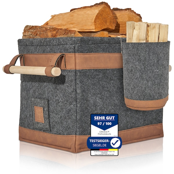 OAKAGE® Holzkorb für Kaminholz Groß [Schmutzabweisendes Innenfutter und Lederboden] Kaminholzkorb Feuerholzkorb Brennholzkorb Kaminkorb