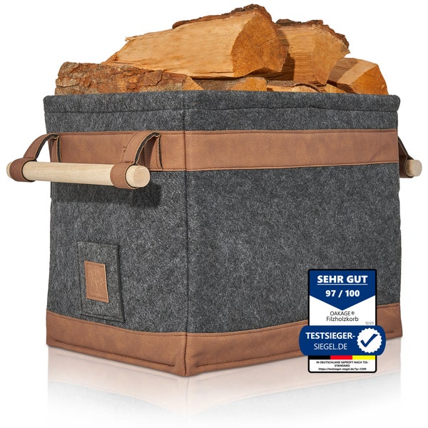 OAKAGE® Holzkorb für Kaminholz Groß [Schmutzabweisendes Innenfutter und Lederboden] Kaminholzkorb Feuerholzkorb Kaminkorb Filzkorb