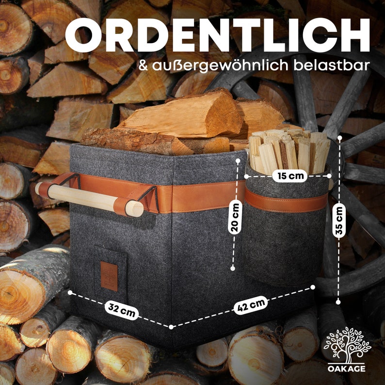 Cesto per legna da ardere OAKAGE® grande con cesto per fiammiferi struttura metallica integrata per maggiore stabilità Cesto per legna da ardere Cesto per caminetto Cesto in feltro immagine 6