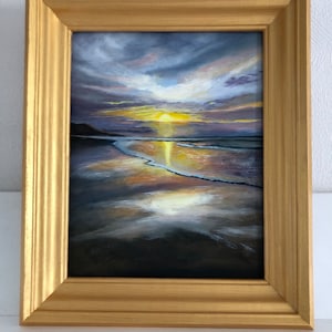 Olieverfschilderij op karton, zonsondergang op de zee, zee, wolken, zeegezicht, zonsondergang, beeldende kunst, helder schilderij, kunst aan de muur, decor, cadeau,