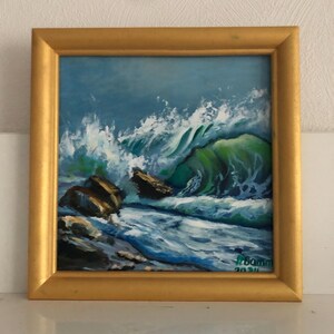 Pintura al óleo sobre cartón, puesta de sol en el mar, mar, nubes, paisaje marino, puesta de sol, bellas artes, pintura brillante, arte de pared, decoración, regalo,