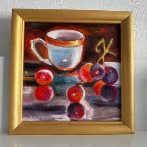 Pintura al óleo, taza y uvas, bellas artes, naturaleza muerta, arte de pared, arte para la cocina, frutas,