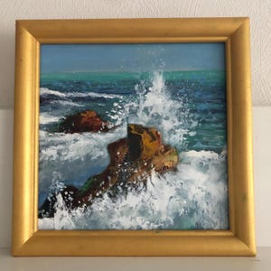 Pintura al óleo sobre cartón, puesta de sol en el mar, mar, nubes, paisaje marino, puesta de sol, bellas artes, pintura brillante, arte de pared, decoración, regalo,