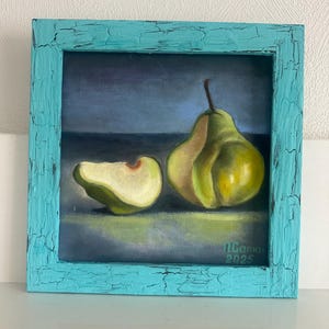 Pintura al óleo original, naturaleza muerta, pera verde, arte moderno, bellas artes, regalo, pera, arte para cocina, arte de pared, realismo, 20 x 20 cm,