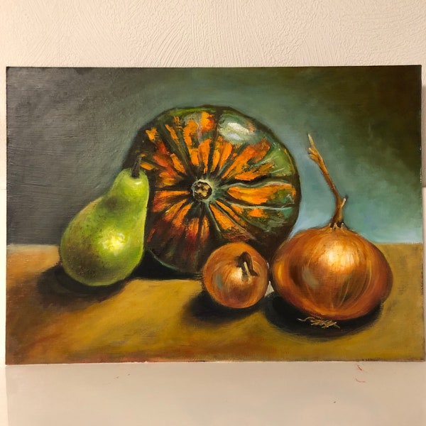 Oil painting, still life, autumn still life, pumpkin, pear, onion,