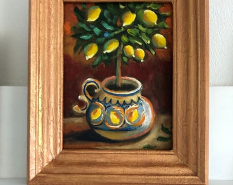 Original oil painting, cardboard, lemon tree,naive style, wall art, decor, modern art, lemons, small painting,