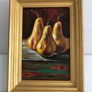 Pintura al óleo, peras, naturaleza muerta, pintura brillante, bellas artes, regalo, arte para la cocina, arte de pared, tres peras, frutas, 20х30cm, cartón