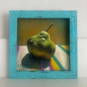 Pintura al óleo original, naturaleza muerta, pera verde, arte moderno, bellas artes, regalo, pera, arte para cocina, arte de pared, realismo, 20 x 20 cm,