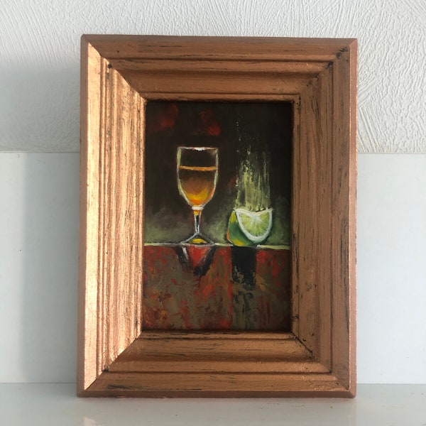 Original oil painting,glass of vine, lemon slice,miniature,oil on cardboard, still life, art for kitchen, art for café, wall art,decor,