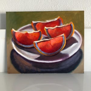 Pintura al óleo, frutas, naturaleza muerta, pintura brillante, arte moderno, rodaja de pomelo, bellas artes, regalo, arte al óleo sobre cartón, 20x25, regalo