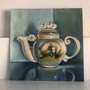 Bodegón, pintura al óleo, arte mural, bellas artes, regalo, arte para cocina, tetera antigua, estilo rústico, óleo sobre cartón, tetera de la abuela