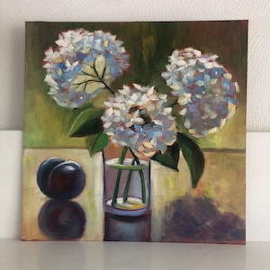 Pintura al óleo, hortensias, ciruela, bellas artes, naturaleza muerta, óleo sobre cartón, arte mural, decoración, 29 x 29 cm, ramo de hortensias en un jarrón