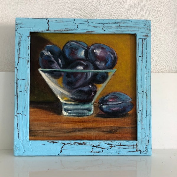 original oil painting on canvas, plums in a vase, wall art, still life, small painting, art for kitchen,