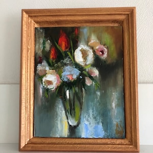 Abstracte bloemen, olieverfschilderij, klein schilderij, bloemen, stilleven, olieverf op karton, moderne kunst, beeldende kunst, abstract boeket, kunst aan de muur