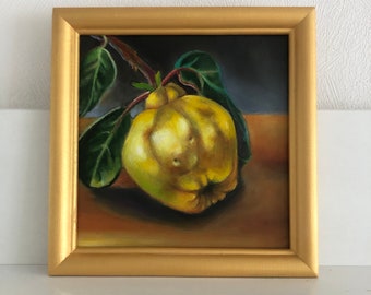 original oil painting quince, oil on cardboard, still life, small painting, art for kitchen, decor, wall art, fruits,