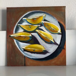 Pintura al óleo, frutas, naturaleza muerta, pintura brillante, arte moderno, rodaja de limón, bellas artes, regalo, arte al óleo sobre cartón, 24x24cm, regalo
