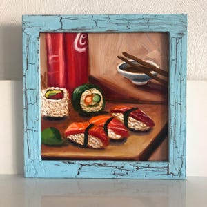 pintura al óleo, comida japonesa, sushi, Coca-Cola, óleo sobre cartón, naturaleza muerta, arte para cocina, arte para cafetería, arte mural,