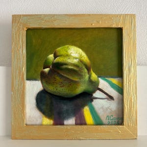 Pintura al óleo, frutas, naturaleza muerta, pintura brillante, arte moderno, bellas artes, regalo, pera, arte para la cocina, arte de pared, óleo sobre lienzo sobre cartón