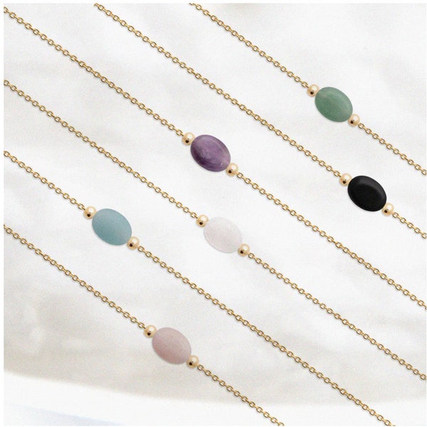 Collier simple avec Pierre fine Semi-précieuse : Améthyste, Amazonite, Agate noire, Quartz rose, Aventurine, Perle de culture, Plaqué or 18k