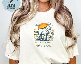 He Left the 99 for Me Lamb with Sunrise Comfort Colors® T-Shirt, Lost Sheep Bible Verse T-Shirt, Faith-Based Scripture Shirt, Faith Gift