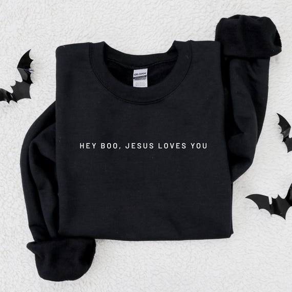 Christian Halloween Sweatshirt Hey Boo Jesus Loves You Crewneck Cute Christian Halloween Sweater Festive Fall Jesus Sweatshirt Gift