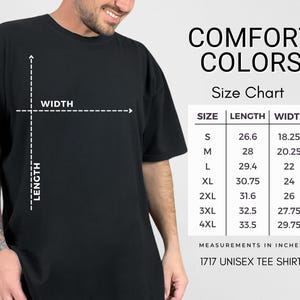 May include: Size chart for a unisex t-shirt, showing measurements in inches for length and width, for sizes S through 4XL.