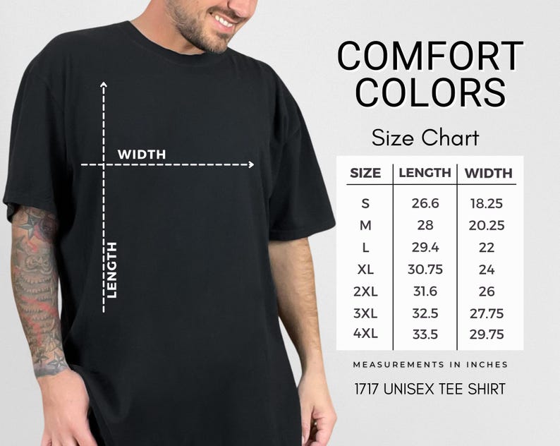 May include: Size chart for a unisex t-shirt, showing measurements in inches for length and width, for sizes S through 4XL.