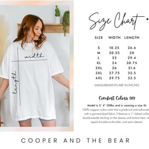May include: Size chart for a white t-shirt with measurements in inches. The chart shows the width and length of the shirt in sizes S through 4XL. The text "Comfort Colors 1717" is also included.