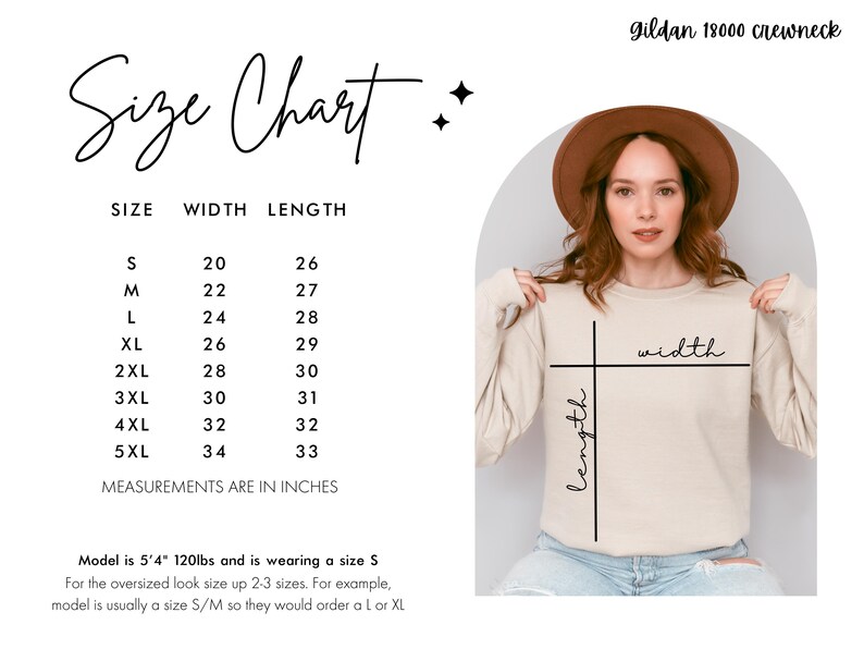 Peut inclure: Tableau des tailles pour un sweat-shirt &agrave; col rond Gildan 18000, indiquant les mesures de largeur et de longueur en pouces pour les tailles S &agrave; 5XL. Le tableau montre qu'une taille S mesure 20 pouces de large et 26 pouces de long, une taille M mesure 22 pouces de large et 27 pouces de long, une taille L mesure 24 pouces de large et 28 pouces de long, une taille XL mesure 26 pouces de large et 29 pouces de long, une taille 2XL mesure 28 pouces de large et 30 pouces de long, une taille 3XL mesure 30 pouces de large et 31 pouces de long, une taille 4XL mesure 32 pouces de large et 32 pouces de long, et une taille 5XL mesure 34 pouces de large et 33 pouces de long. Le tableau comprend &eacute;galement une photo d'un mannequin portant un sweat-shirt taille S.