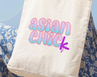 Asian Chick Cotton Canvas Tote Bag, Vibrant Colors, beach bag