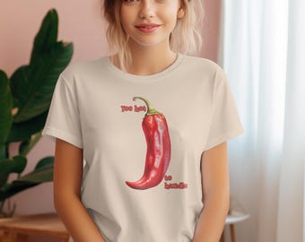 Grappig eten T-shirt, chili hot, te warm om te hanteren shirt, pittige Thaise chili grafisch T-shirt, foodie T-shirt, foodie spice lover tee, brutale hot tee