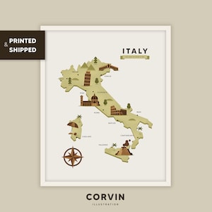 Illustrierte Karte von Italien, Sehenswürdigkeiten Reiseplakat, Wohnzimmer Wandkunst