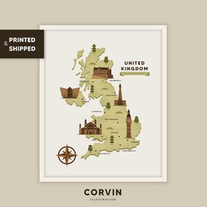 United Kingdom Map Poster, Illustrierte Sehenswürdigkeiten von England, UK Travel Print