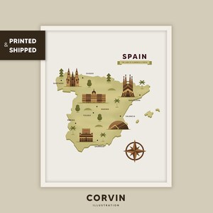 Spain Illustrated Landmarks Map Print, Barcelona Travel Poster