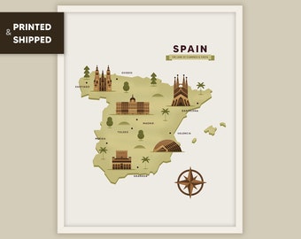 Spain Illustrated Landmarks Map Print, Barcelona Travel Poster