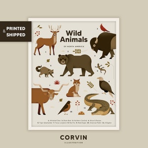 Stampa di animali selvatici, poster di apprendimento Montessori, arte della parete della stanza dei bambini