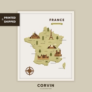 Impression de carte de monuments illustrés de France, affiche de voyage en Europe, cadeau de voyageur
