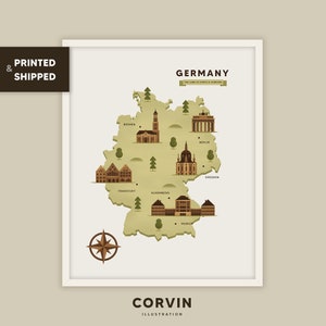 Impression de carte illustrée de l'Allemagne, affiche de bâtiments emblématiques, cadeau de voyage