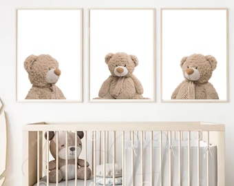Teddy Bear Nursery Prints, Set of 4, Baby & Kids Room Wall Art, Digital Download