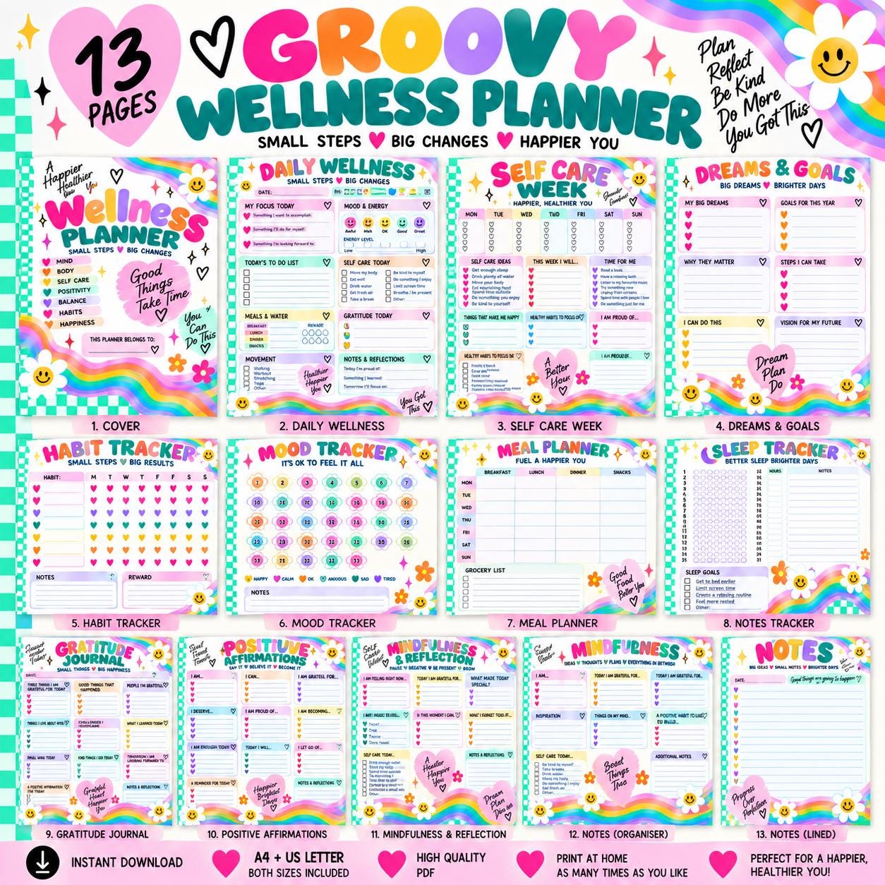 Groovy Wellness Planner Printable, 13 Page Self-Care Journal, Mood Habit Meal Sleep Tracker, Retro Digital Planner
