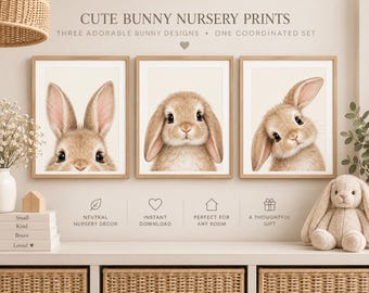 Bunny Nursery Prints, Set of 3 Neutral Rabbit Wall Art, Baby Room Decor, Digital Download