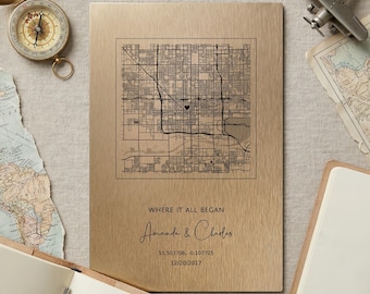 Personalized Metal Map Plaque, Custom Coordinates, Names, Date, 8 Year Anniversary Gift for Couple