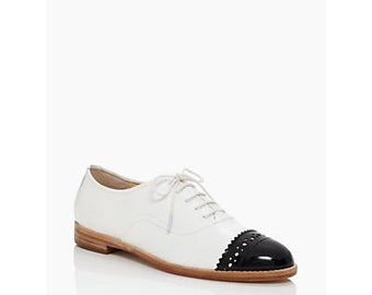 Handmade Women's White & Black Paten Leather Cap Toe Lace up Formal Oxford Leather Shoes