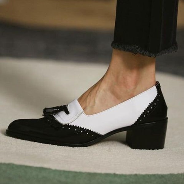 Handmade Women's Black & White Leather Wingtip Slip On Tassel Moccasin Formal Leather Shoes